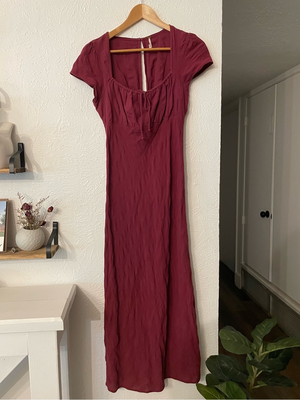 Free People Wine Red Maxi Dress with Tie Front 100% Cotton